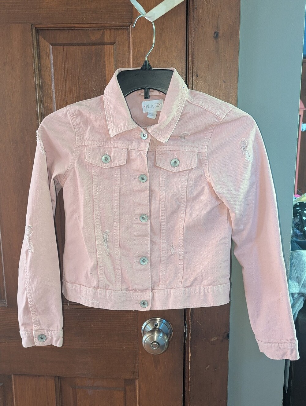LIKE NEW Soft Pink Distressed Jean Jacket 10 12